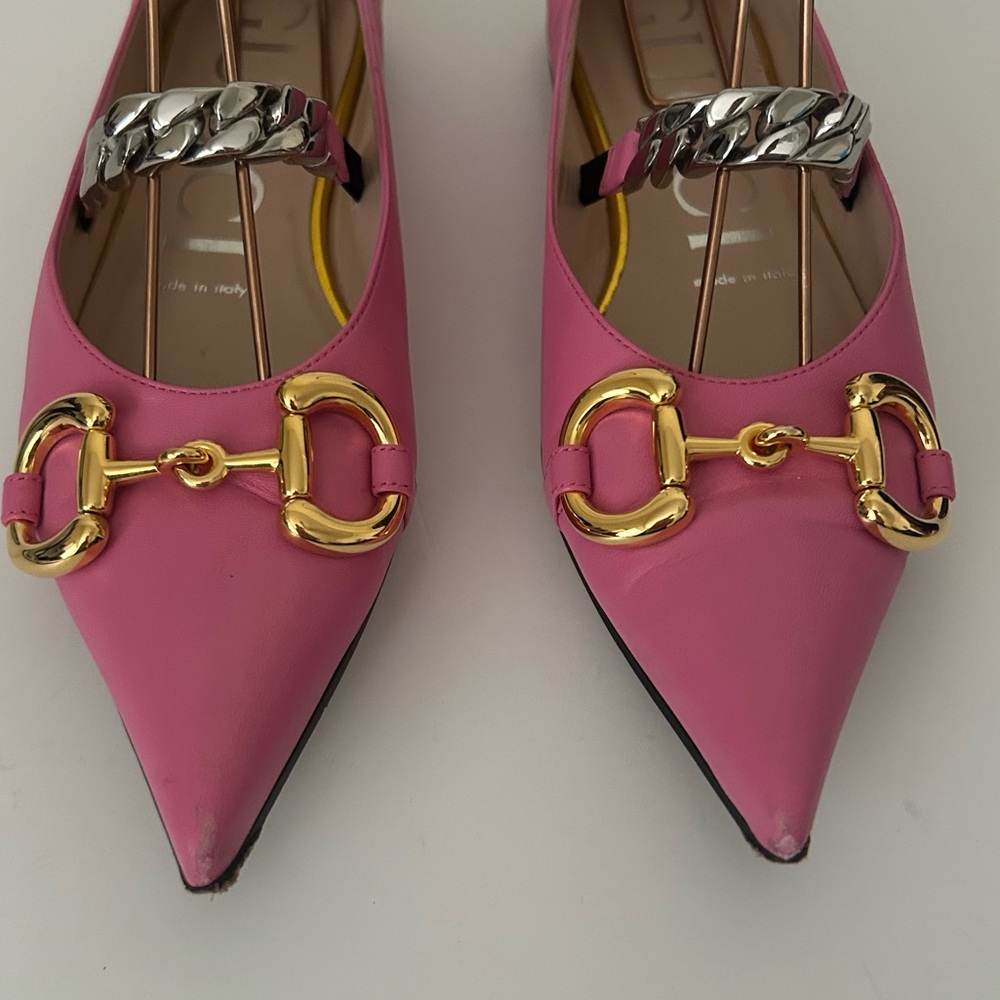 Gucci Nappa Lumiere Pink Leather Point Toe Horsebit Silver Chain Ballet Flats 36 - Picture 3 of 10